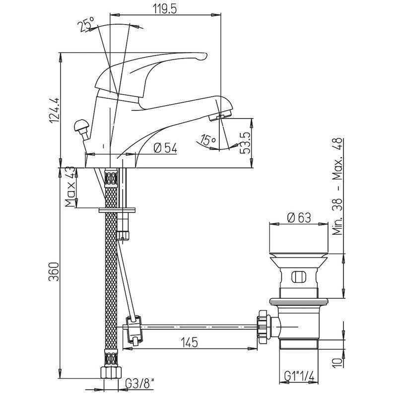 Rubinetto miscelatore lavabo lavandino monoforo monocomando PAINI CRETA 100, PAI 42CR211, con scarico automatico 1 pollice e 1/4