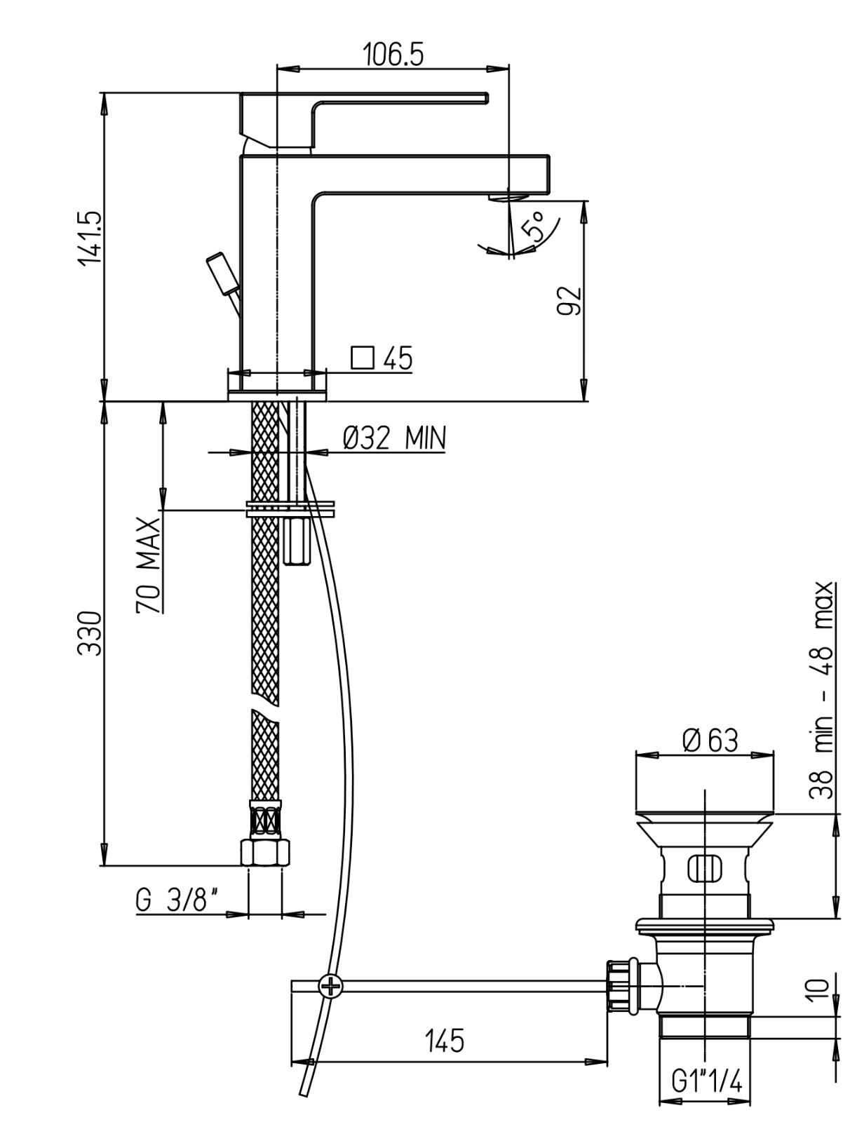 Rubinetto miscelatore lavabo, lavandino monoforo PAINI DAX R SMALL, 84CR211LRS, scarico automatico 1 pollice e 1/4, finitura cromo