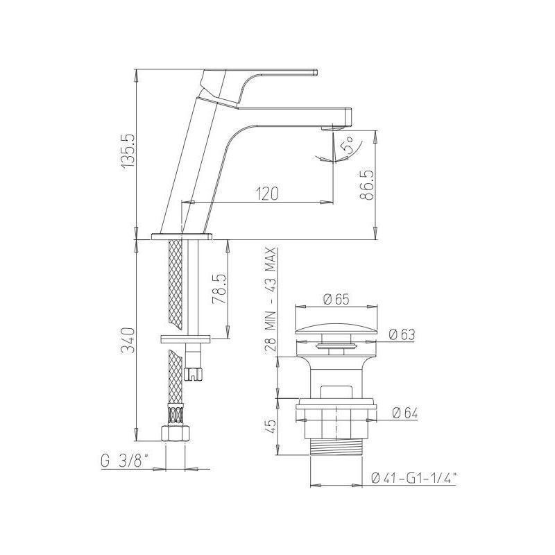 Rubinetto miscelatore lavabo lavandino monoforo monocomando PAINI ATACAMA WWCR211SR, con piletta clic-clac 1 pollice e 1/4