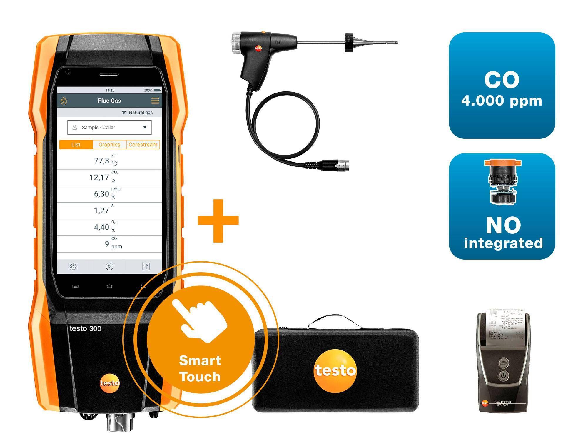 Analizzatore di combustione TESTO 300 kit 1, O2, CO fino a 4.000 ppm, NO integrabile successivamente