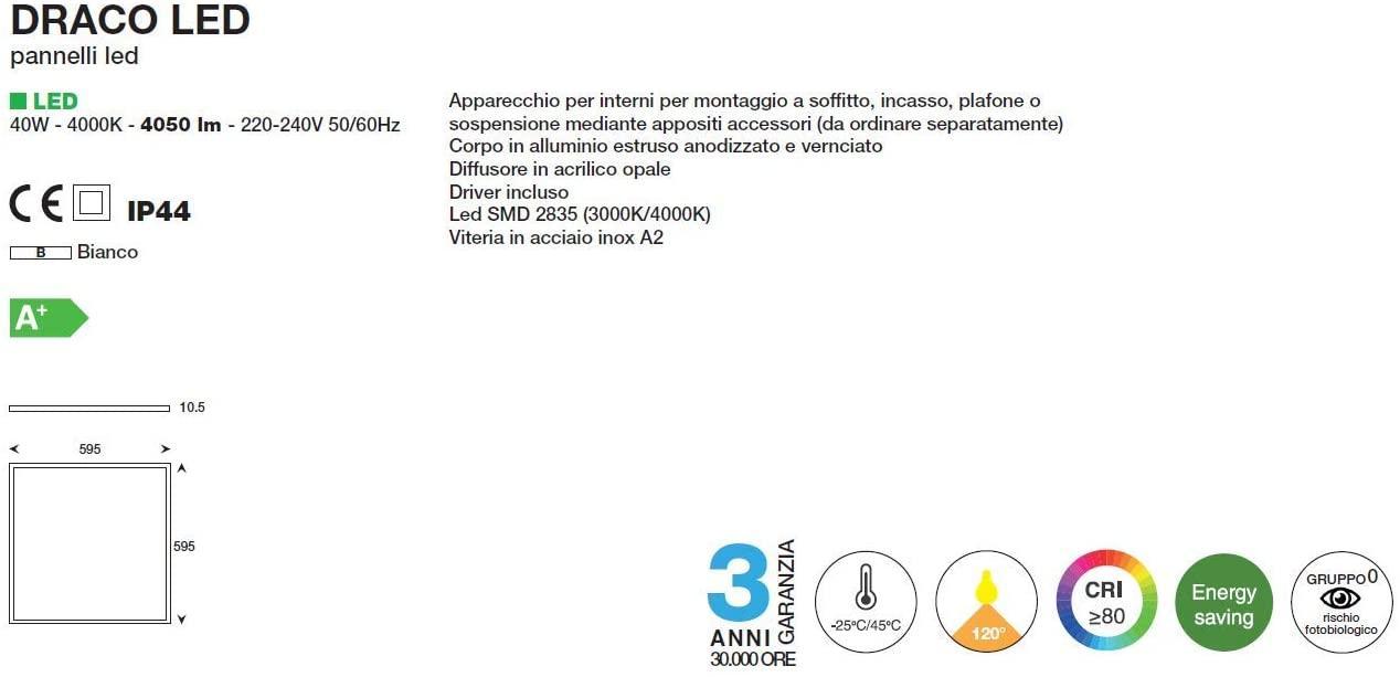 Pannello LED a soffitto o a parete MARECO DRACO PANEL LED, 40W, colore luce bianca naturale 4000K, dimensioni 60X60 cm.