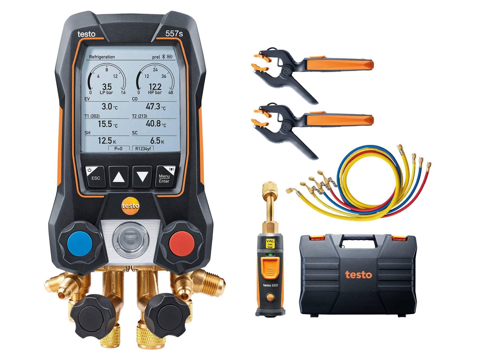 Smart Kit per il vuoto con tubi di riempimento TESTO 557s, con sonde bluetooth e gruppo manometrico digitale.