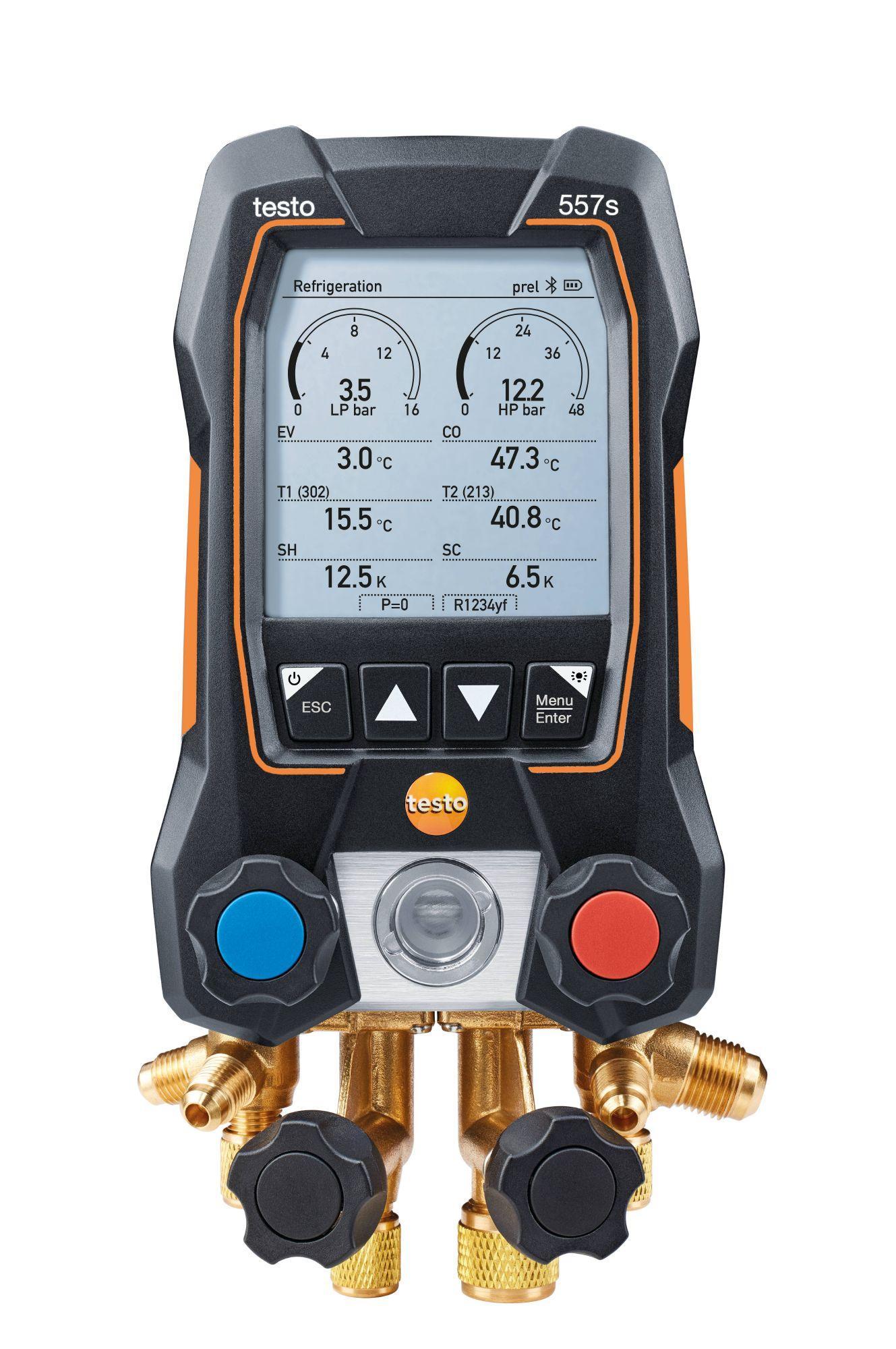 Smart Kit per il vuoto con tubi di riempimento TESTO 557s, con sonde bluetooth e gruppo manometrico digitale.
