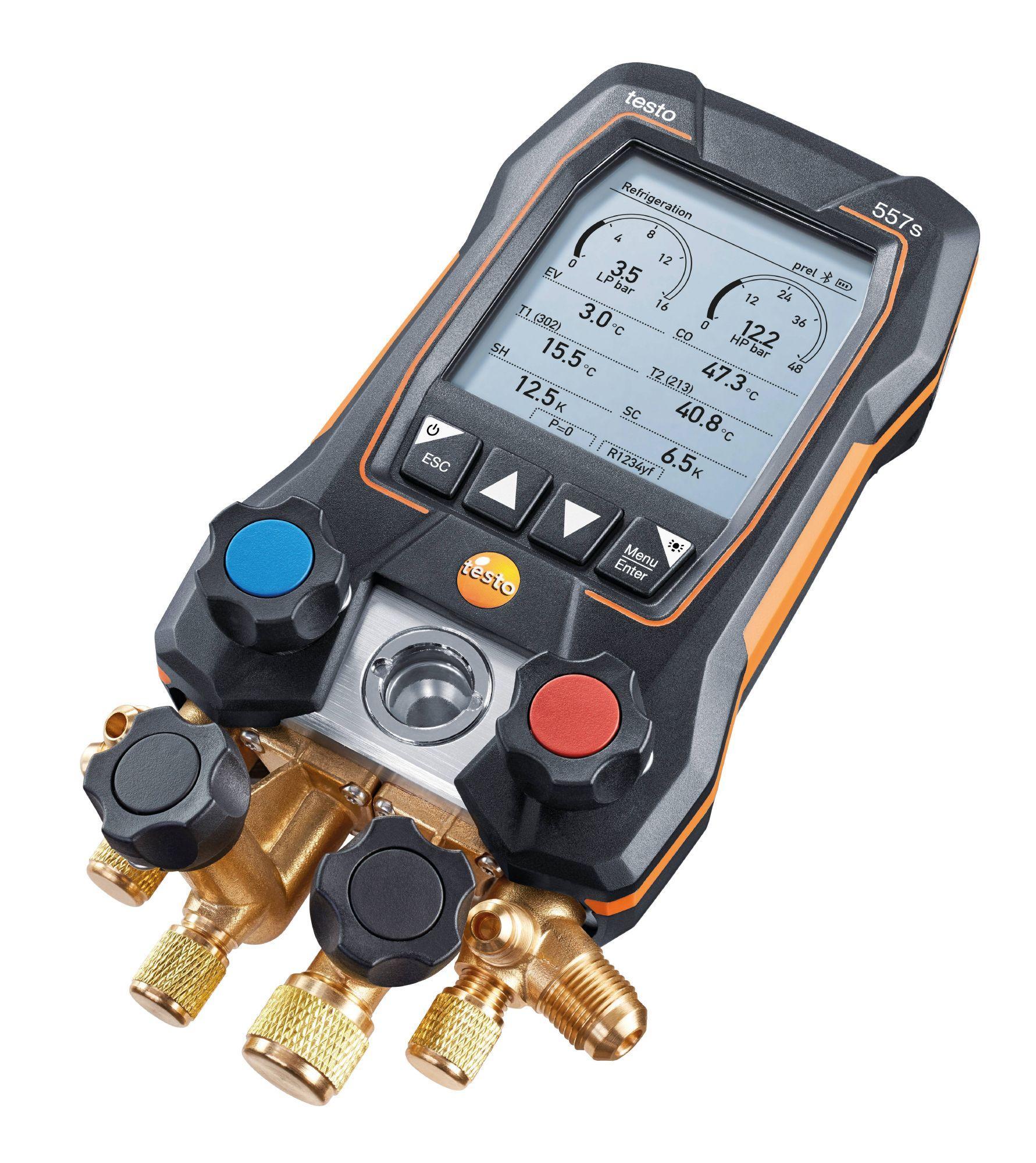 Smart Kit per il vuoto con tubi di riempimento TESTO 557s, con sonde bluetooth e gruppo manometrico digitale.