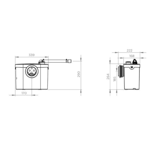 Disegno tecnico trituratore wc SFA SanitrIt Up con misure dimensionali in millimetri