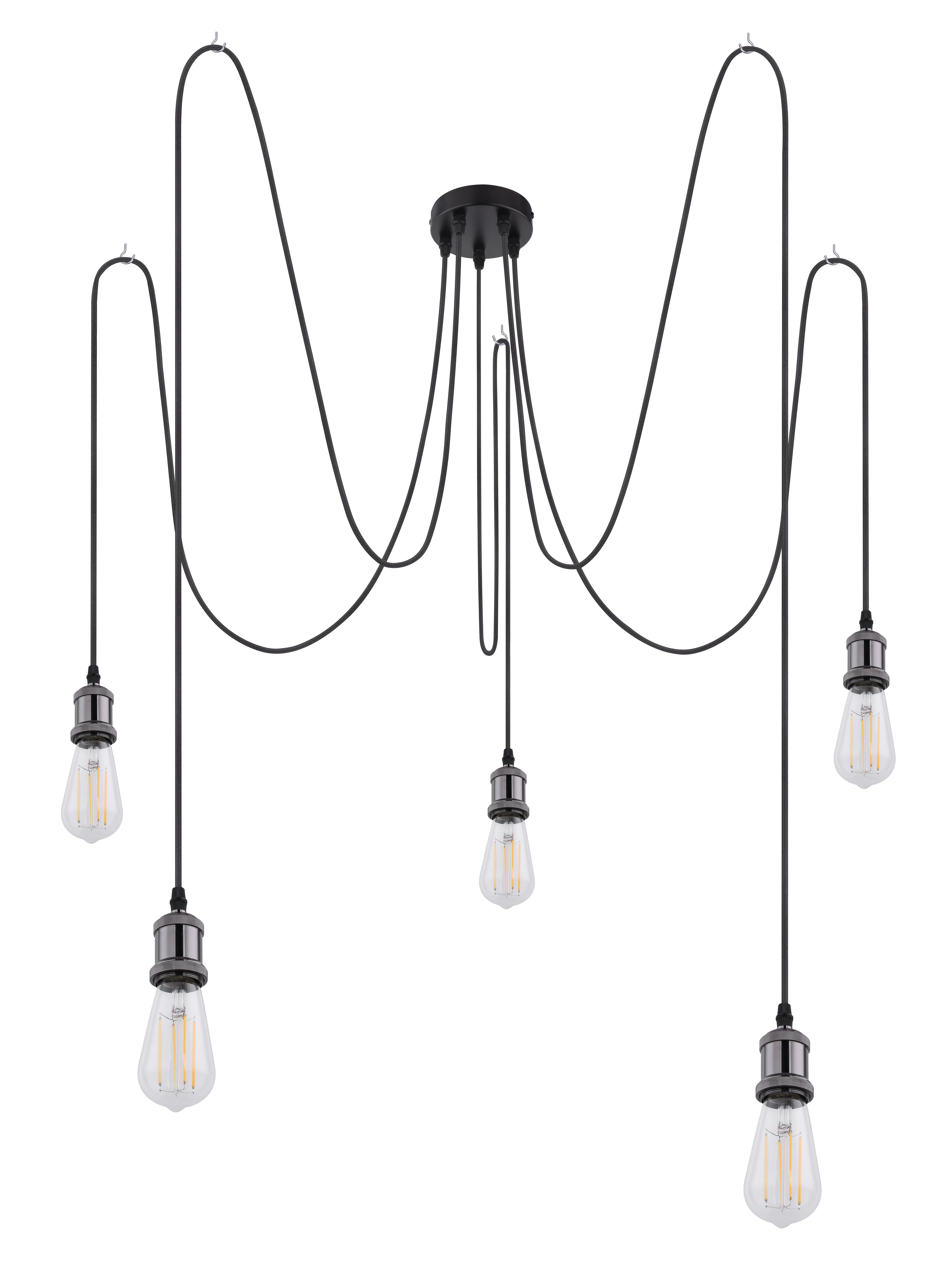 Lampadario a Sospensione Oliver 5 luci Metallo Nero Cavo in tessuto Globo A31-5