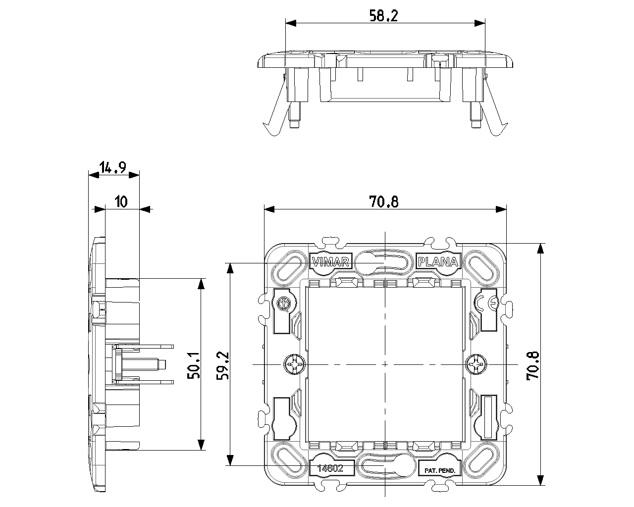 disegno tecnico supporto modulare vimar 2 moduli dimensioni dettagliate per installazione elettrica serie civili