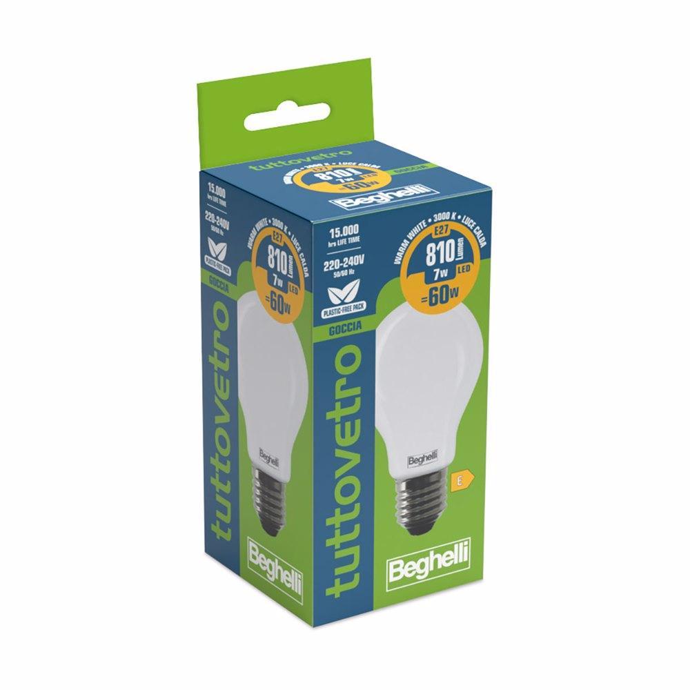 Lampadina LED 7W E27 3000K luce calda goccia Beghelli 56520
