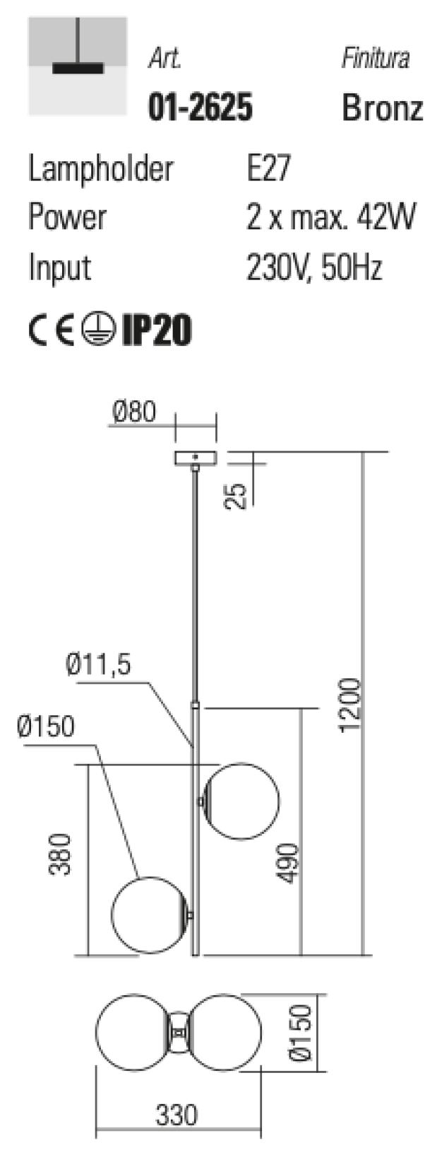 Lampadario a sospensione 2 luci colore oro opaco Nina Redo 012625