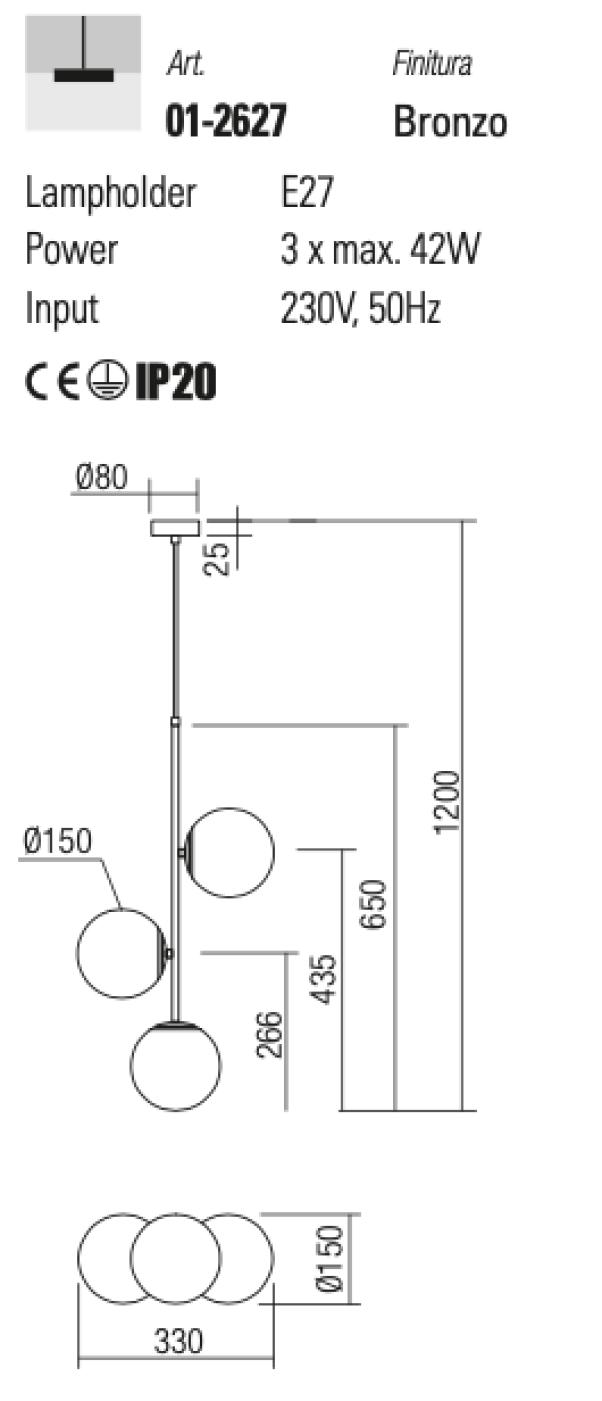Lampadario a sospensione 3 luci colore oro opaco Nina Redo 012627