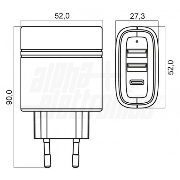 Caricatore USB 15W 2 porte tipo A e 1 tipo C Alpha Elettronica KD525