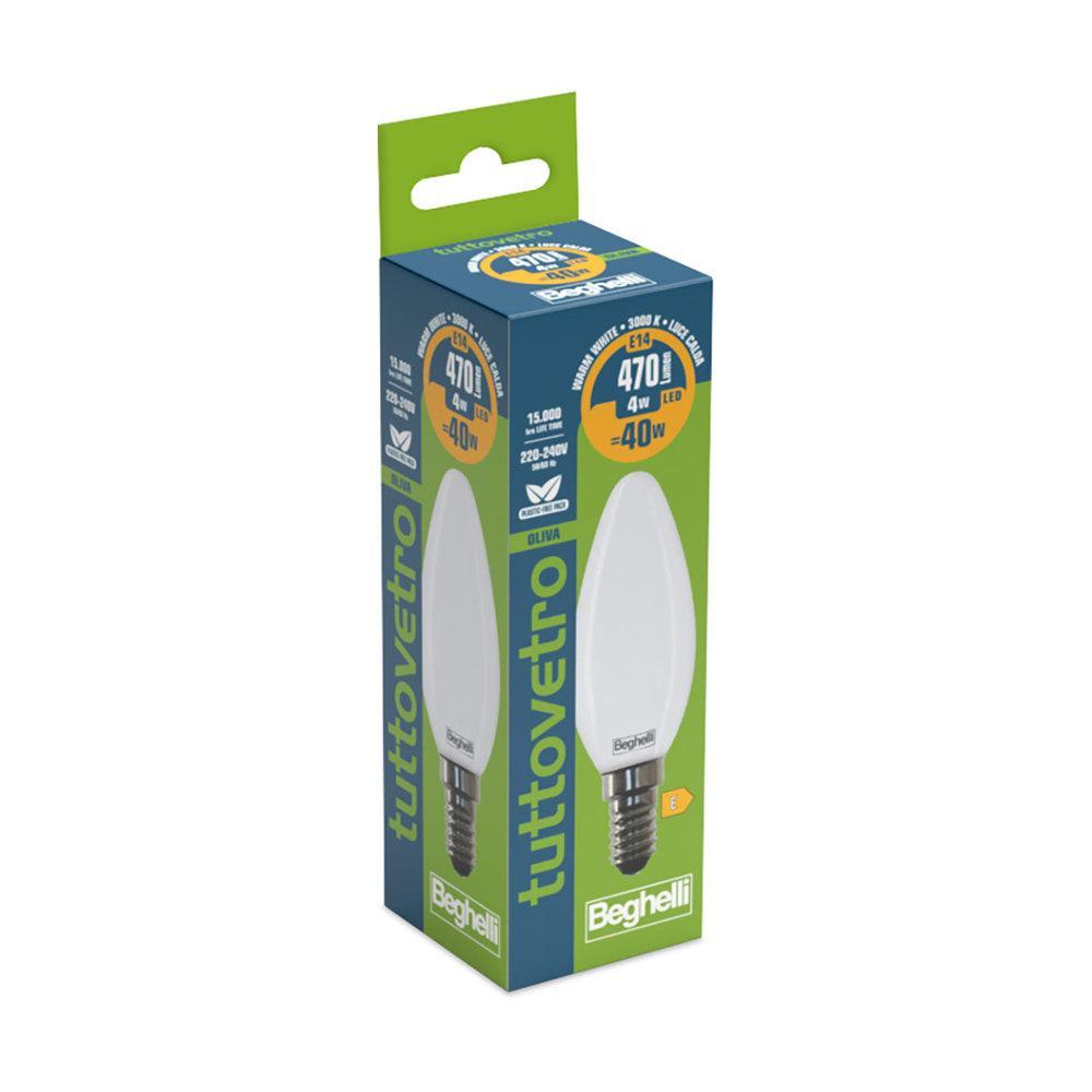 Lampada LED tuttovetro opale oliva 4W E14 3000K Beghelli 56529