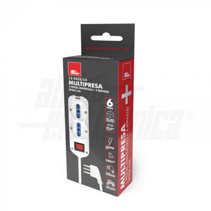 Multipresa con 2 prese Universali Italia P40 e 4 Italia bipasso Interruttore Cavo 1,5m Spina 16A  Bianca Alpha Elettronica 23-045S/14
