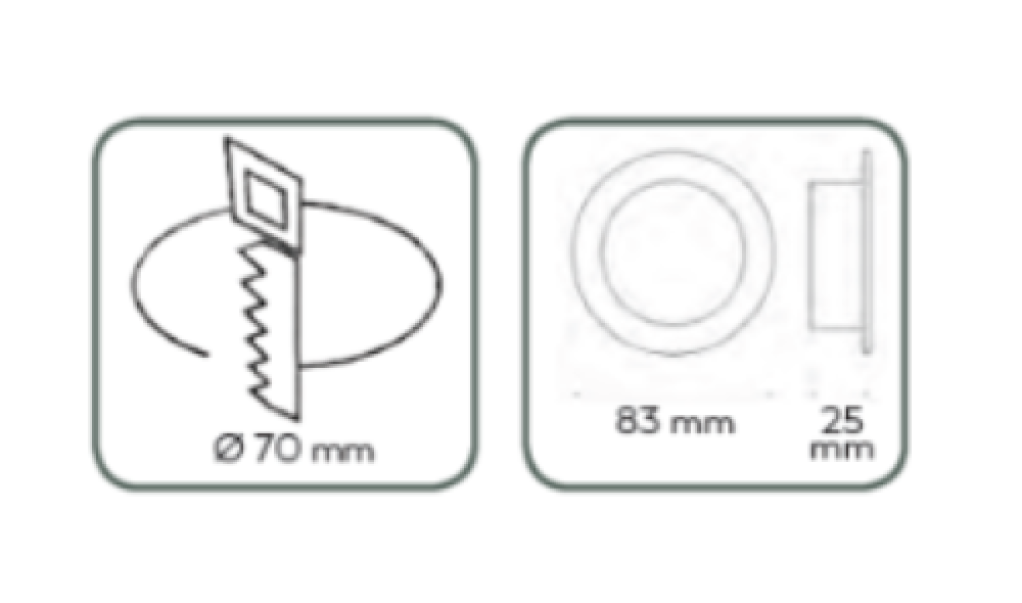dettaglio misure porta lampada incasso orientabile cromato foro 70 mm esterno 83 mm altezza 25 mm