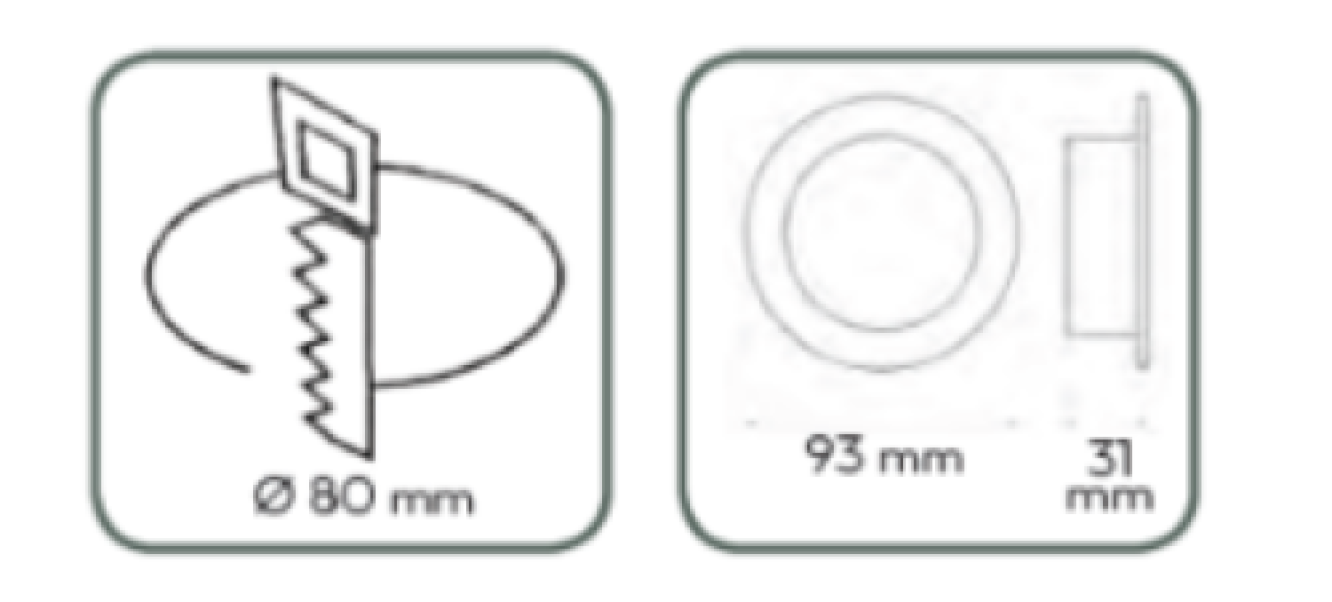 Schema tecnico porta lampada orientabile IOLUME con misure diametro 93 mm incasso 80 mm profonditu00e0 31 mm