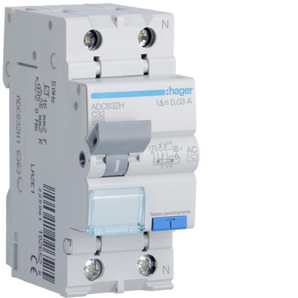 Interruttore Magnetotermico Differenziale 1P+N 4.5Ka C-32A 30Ma Ac 2M Hager ADC832H