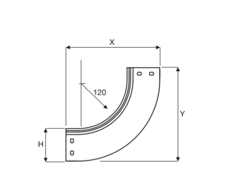 disegno tecnico curva salita 90 gradi acciaio zincato per passerelle 100x80 mm sati italia
