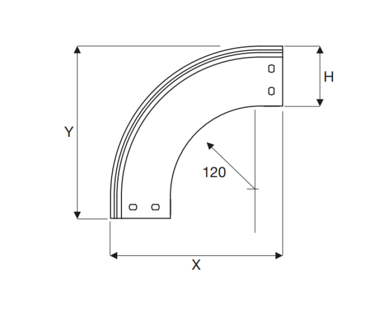 disegno tecnico curva 90 gradi sistema passerella portacavi sati italia 100x80 mm