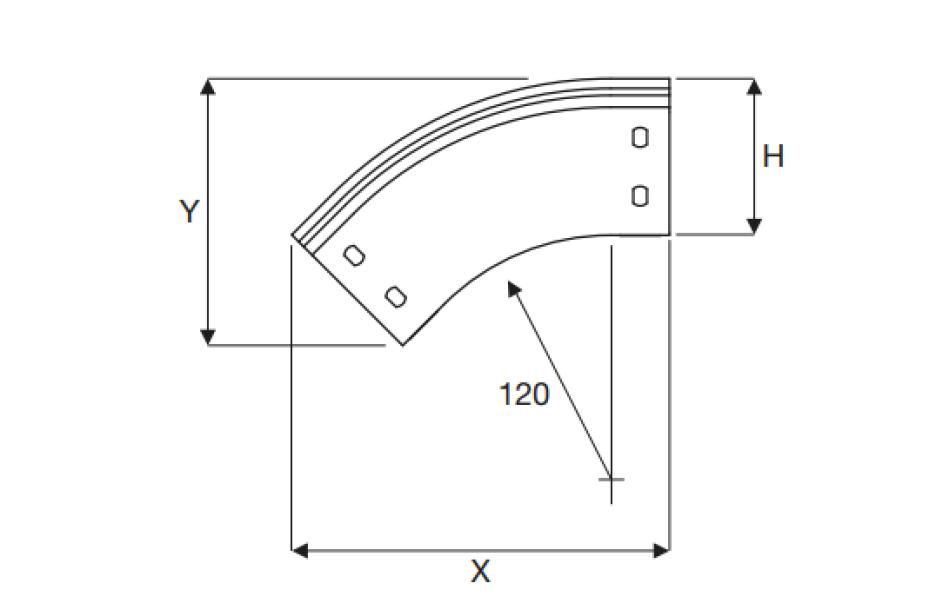 disegno tecnico curva a 45 gradi per sistemi portacavi sati italia dimensioni 300x80