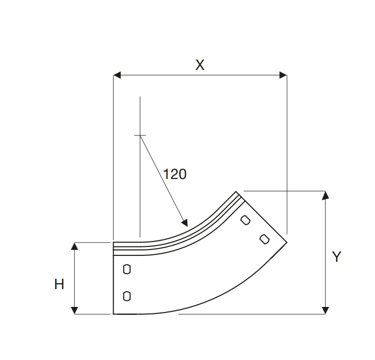 disegno tecnico curva salita 45 gradi acciaio zincato sati italia dimensione 200x80 mm