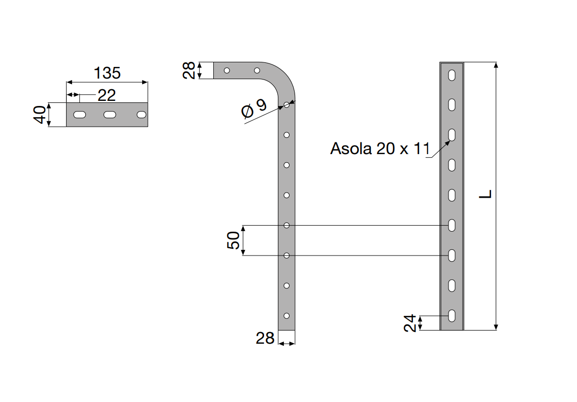 Disegno tecnico supporto a soffitto in acciaio zincato con quote dimensionali e forature