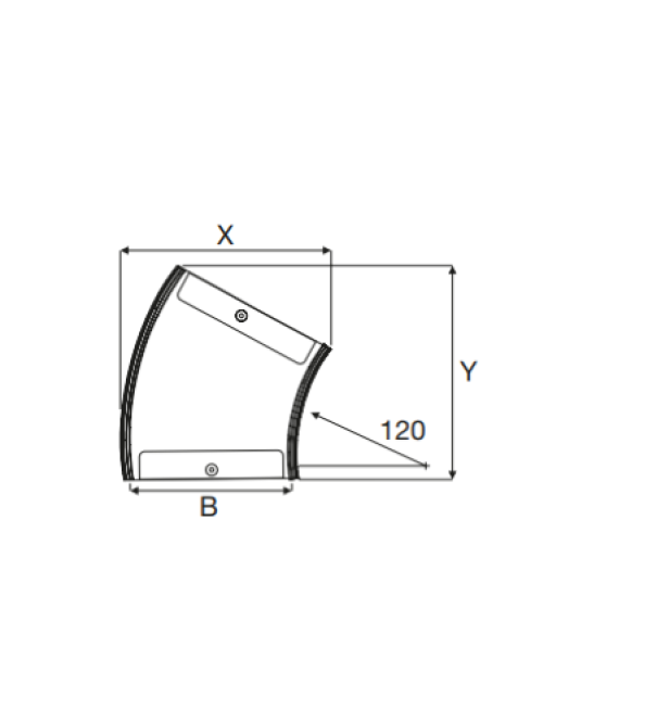 Disegno tecnico curva piana 45 gradi acciaio zincato Sendzimir dimensioni 200x80 mm canalina portacavi