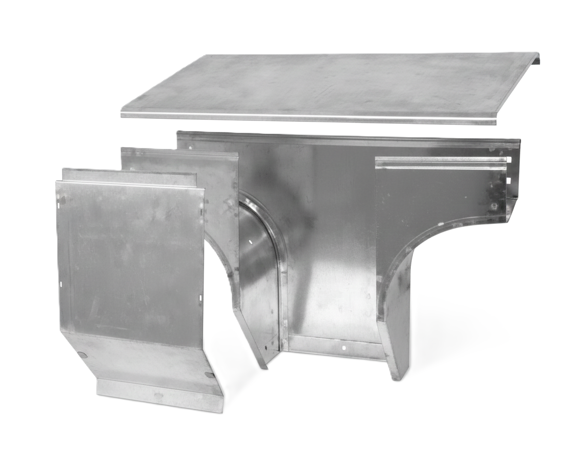 Derivazione a T discesa sghemba in acciaio zincato SATI ITALIA vista prospettica per canaline portacavi