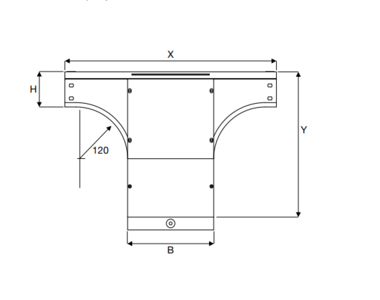 Vista tecnica della derivazione a T discesa sghemba SATI ITALIA con misure 150x80 mm