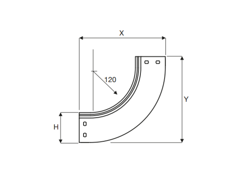 Disegno tecnico curva salita 90 gradi acciaio zincato per sistemi passerelle 150x80 mm