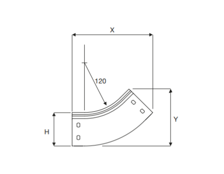 vista tecnica curva in salita acciaio zincato sati italia per passerelle portacavi 150x80