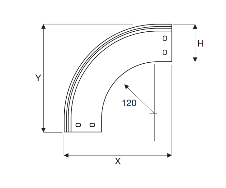 Disegno tecnico curva ad incastro 90 gradi acciaio zincato SATI ITALIA 100x80 per canalizzazione cavi industriali
