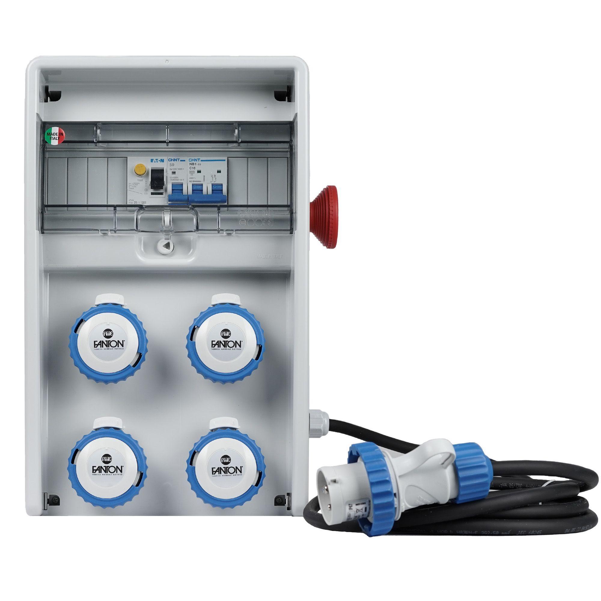 Quadro ULISSE 250 ASC IP65 4 prese CEE, 2 protezioni, con cavo e emergenza, 3kW Fanton 74324