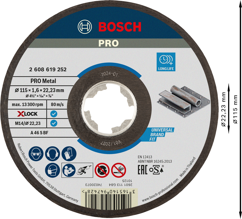 Mola da taglio PRO Metal, 115 x 1,6 x 22,23 mm, X-Lock Bosch 2608619252