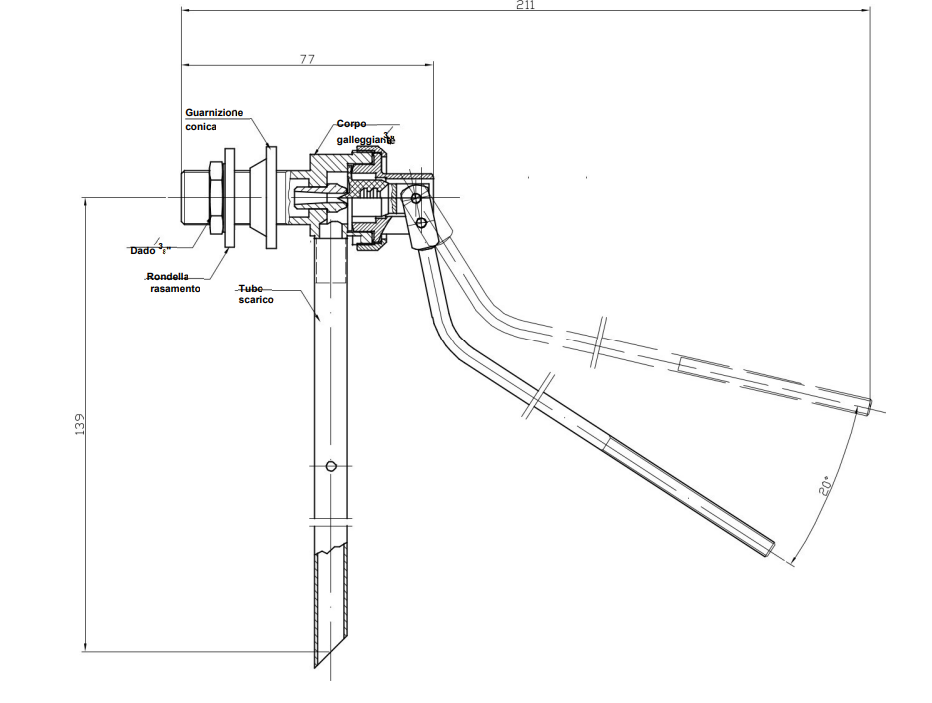 schema tecnico galleggiante 1 2 ottone nichelato per cassetta risciacquo impianti idraulici