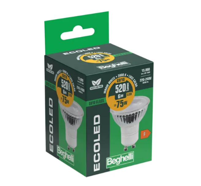 Lampadina LED GU10 6W 3000K 520lm Beghelli EcoLED Glass 56240
