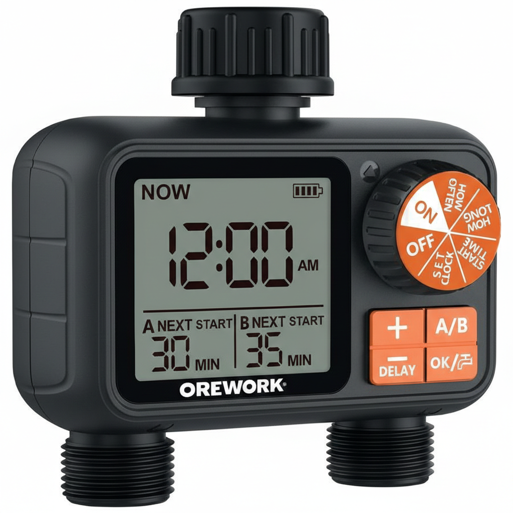 programmatore irrigazione elettronico selettore circolare 2 stazioni OREWORK con display digitale e comandi intuitivi