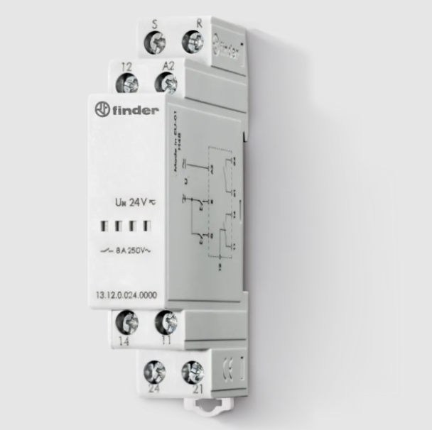 Relu00e8 Elettronico Bistabile con Comando di Reset 8 A, 24 V AC/DC, 1 Scambio e 1 NO Finder 131200240000