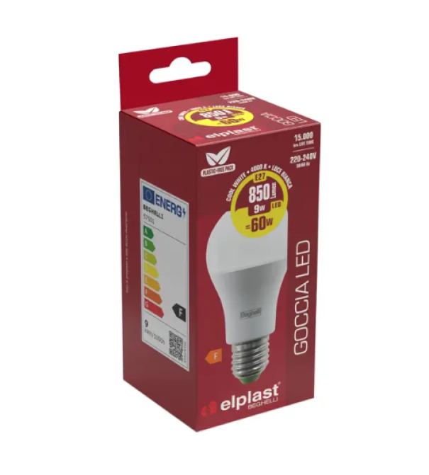 Lampadina LED E27 9W 4000K 850lm Beghelli ElplastLED Goccia 57001