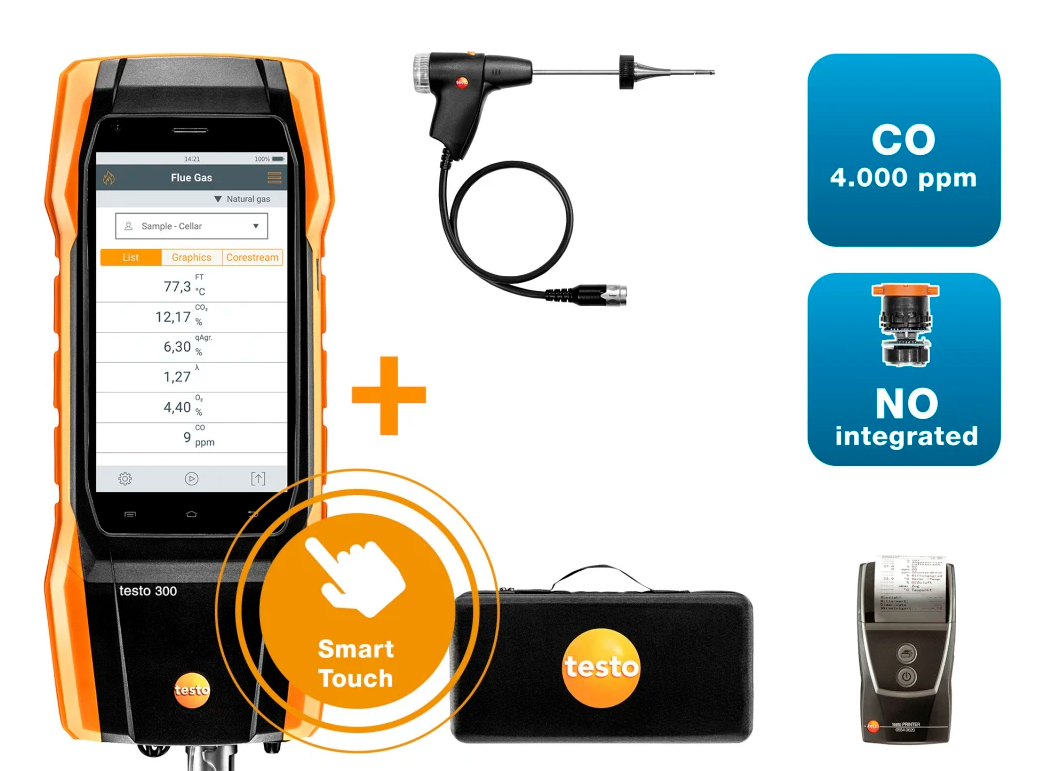 NEXT LEVEL Kit 1 con NO/NOx Testo 300  Analizzatore di Combustione con Sensori Ou2082, CO fino a 4000 ppm e NOx Testo 0564 3002 74