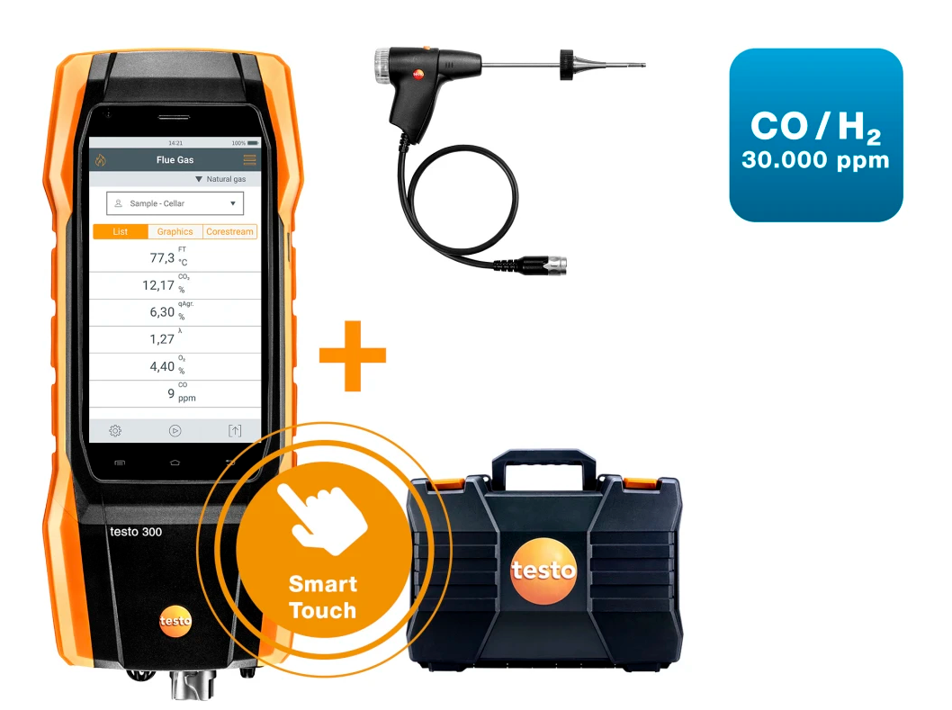  NEXT LEVEL Kit Smart 2 Testo 300 Analizzatore  di Combustione con Sensori Ou2082 e CO fino a 4000 ppm Testo 0564 3002 99