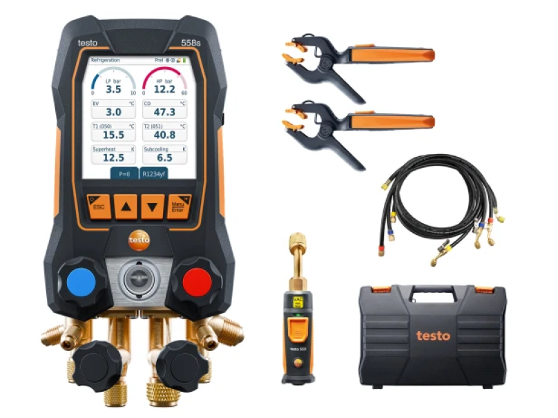 Kit Smart Vuoto 558s Manifold Digitale 4 Vie con Touchscreen, Sonde Wireless e Set di 4 Flessibili per Impianti HVAC/R Testo 0564 5583