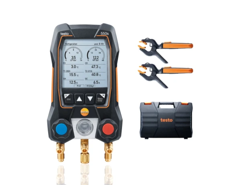 Kit Smart HVAC Testo 550s Manifold Digitale 2 Vie con Bluetooth e 2 Termometri a Pinza Wireless per Impianti di Refrigerazione e Climatizzazione Testo 0564 5502 