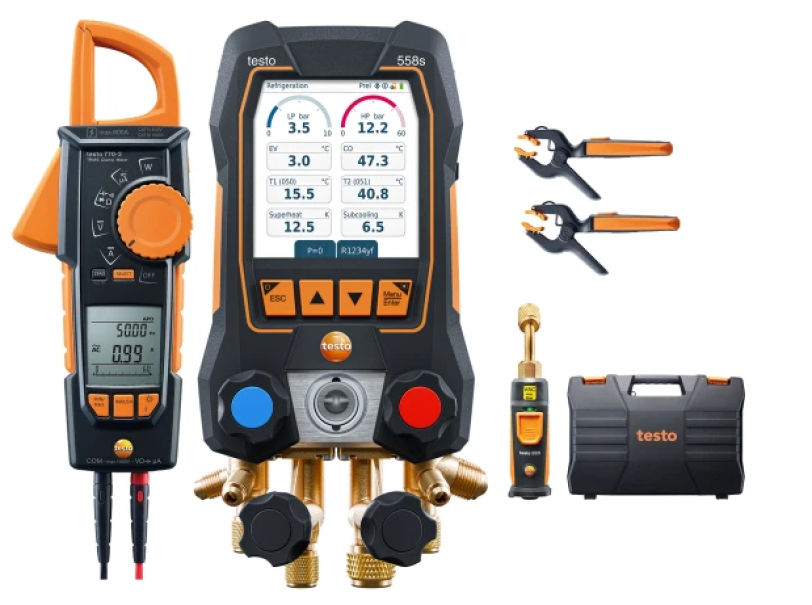 Kit Smart Vuoto 558s Manifold Digitale 4 Vie con Touchscreen, Sonde Wireless, Pinza Amperometrica e Compatibilitu00e0 A2L/A3 per Impianti HVAC/R Testo 0564 5584