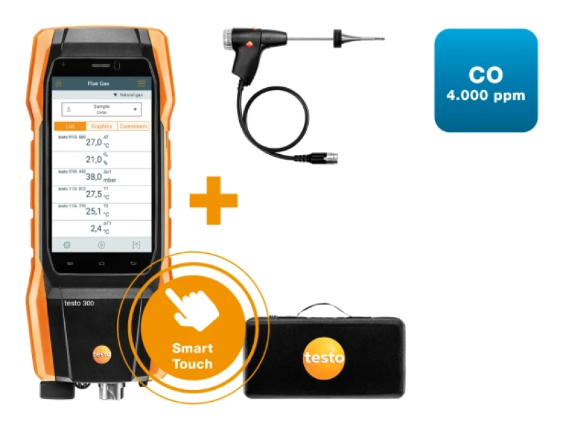 Analizzatore di combustione Testo 300 NEXT LEVEL Kit 1  Sensori Oz/CO fino a 4.000 ppm, display touch HD, connettivitu00e0 Bluetooth e valigetta per impianti HVAC Testo 0564 3002 70