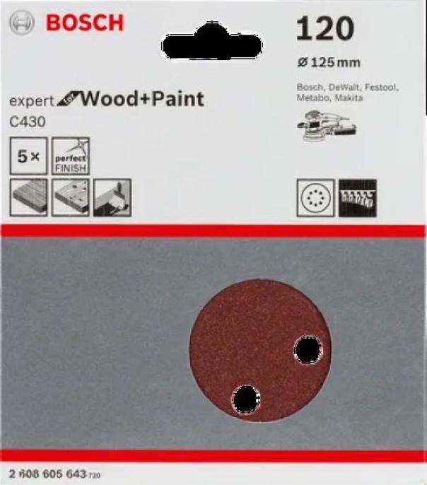 Foglio abrasivo C430 Expert 125 mm grana 120 8 fori 5 pz Bosch 2608605643