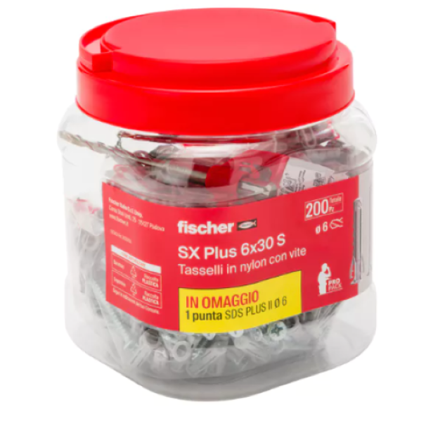 Barattolo Fischer con 200 tasselli universali SX Plus 6x30 S in nylon
