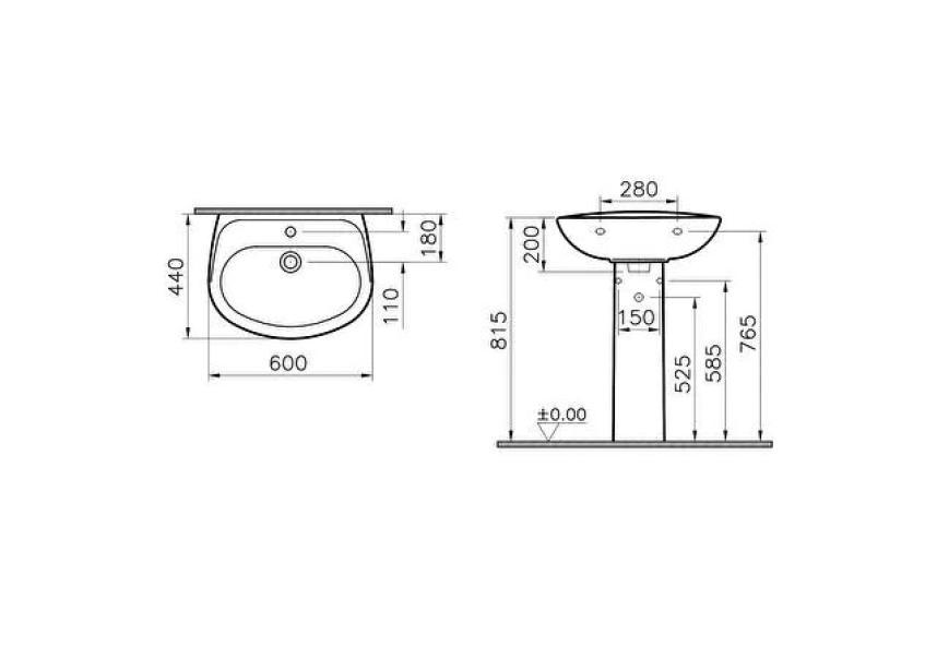Lavabo in ceramica bianca VitrA Normus 60 cm con foro rubinetto e troppo-pieno