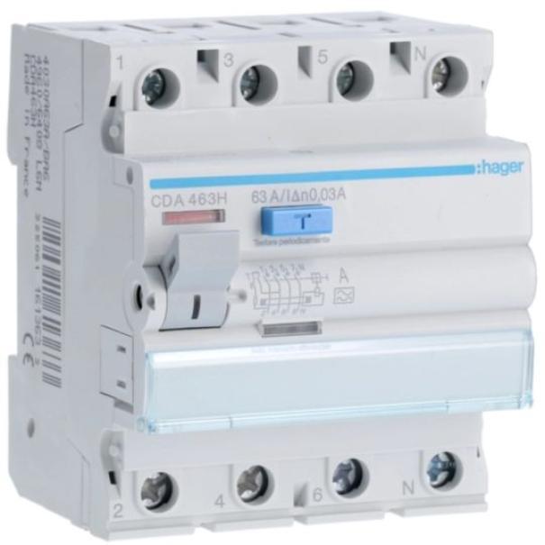 Interruttore differenziale puro Hager CDA463H 63 ampere 4 poli tipo A