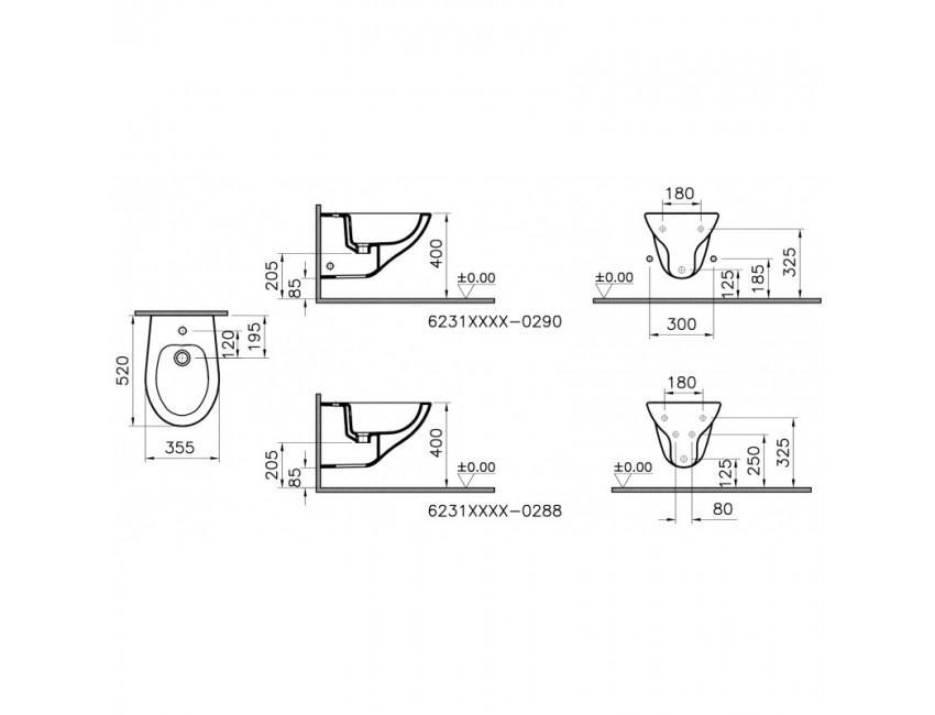 disegno tecnico del bidet sospeso Vitra in ceramica bianco lucido con misure 52x35,5 cm