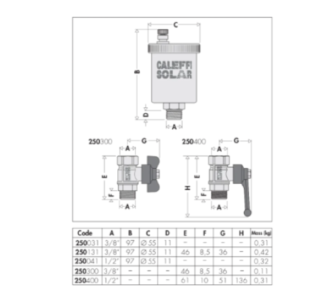 Valvola sfogo aria automatica Caleffi 250041 ottone impianti solari
